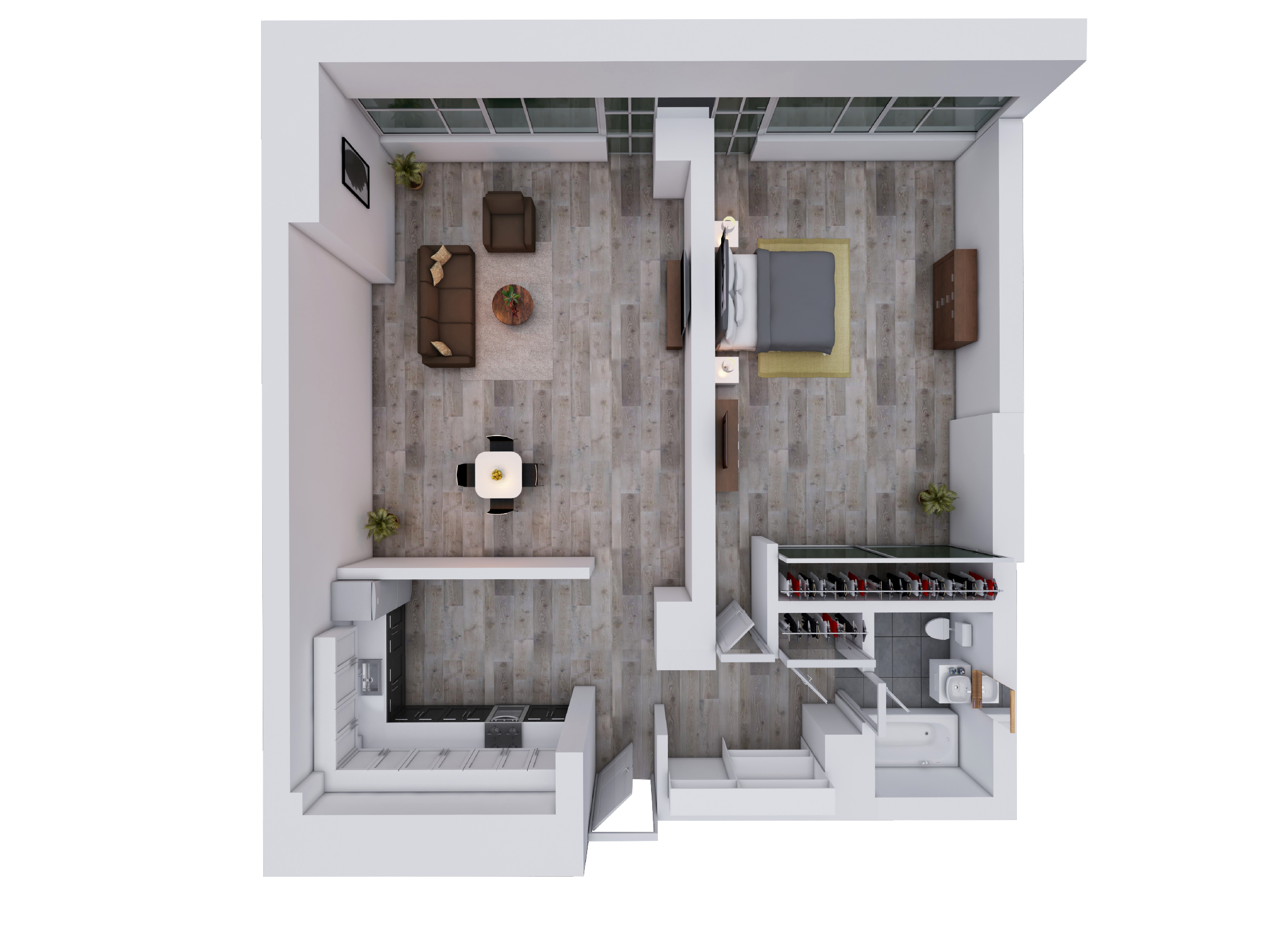 Floor plan for 1 bed, 1 bath, 600 sqft